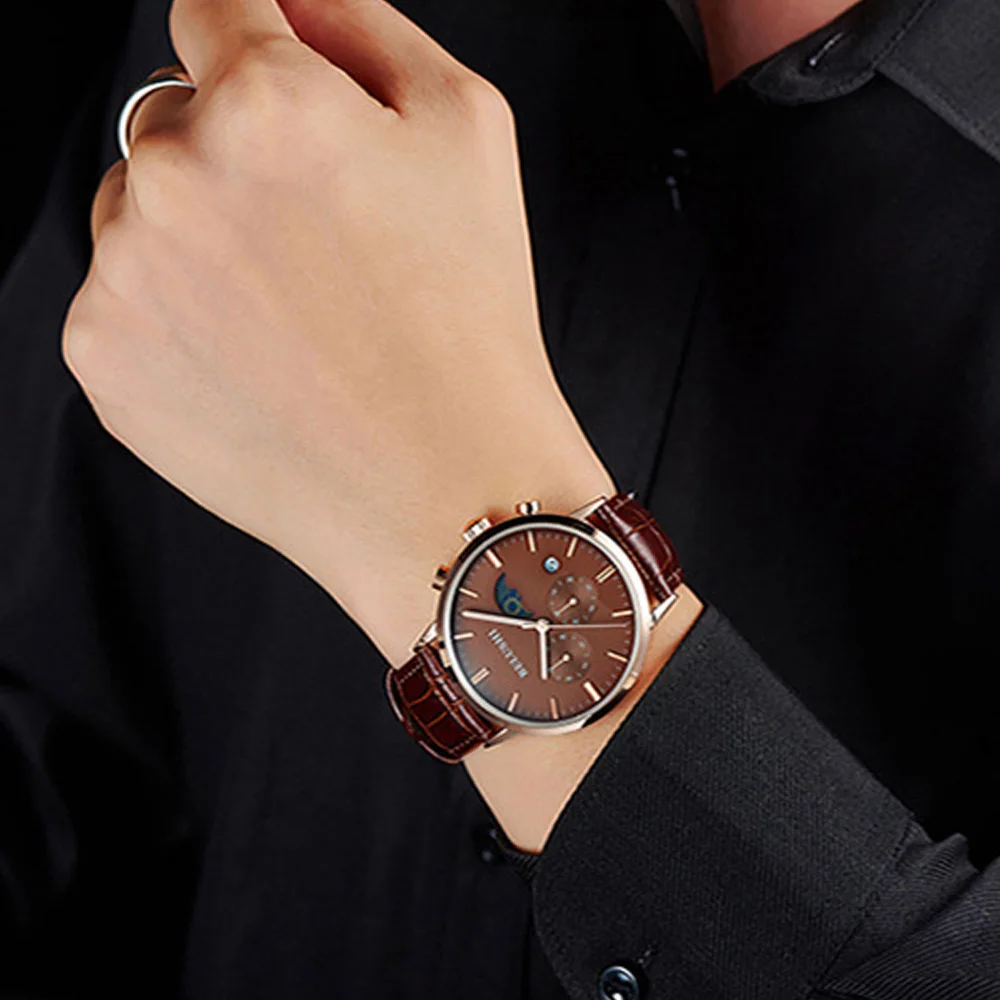 Мужские креативные наручные часы Moon Phase роскошные кожаные брендовые Золотые