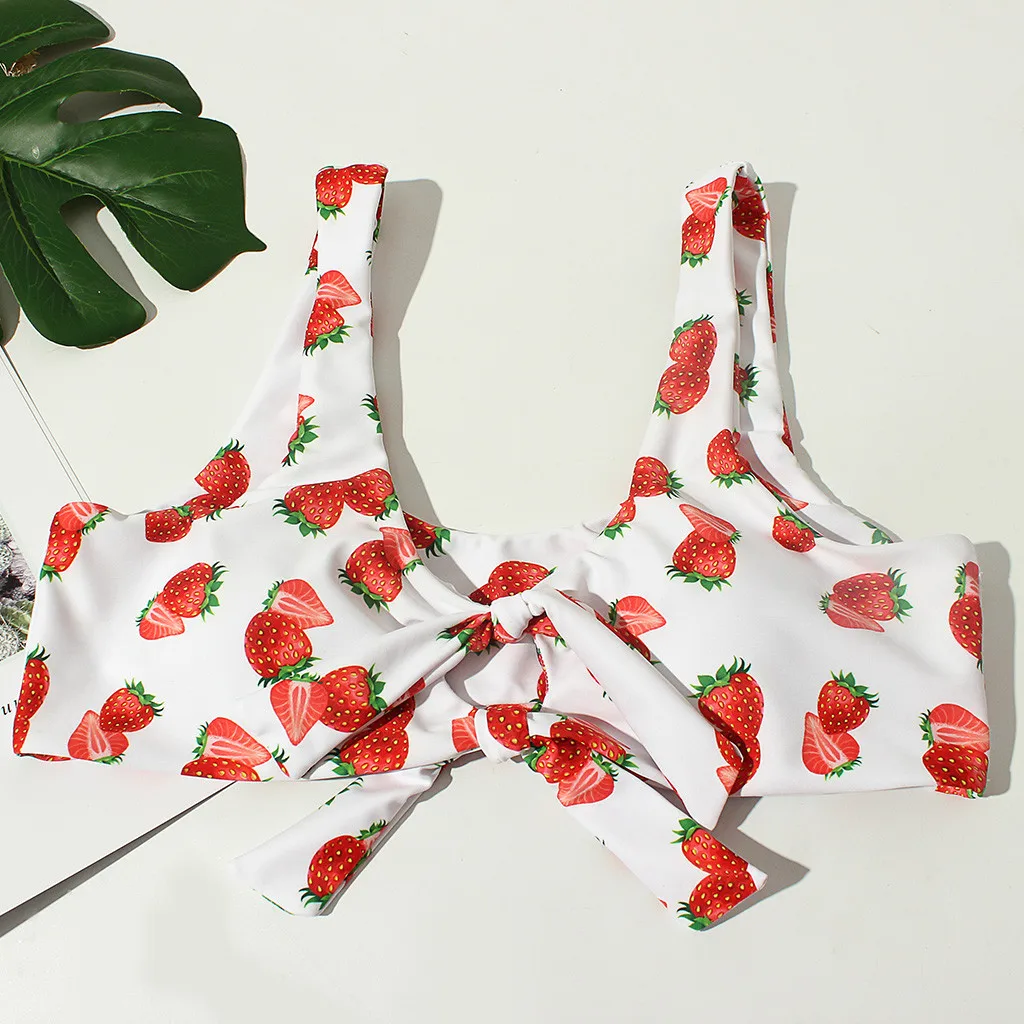 Женский купальник с принтом клубники красное бикини бантом пляжный из двух