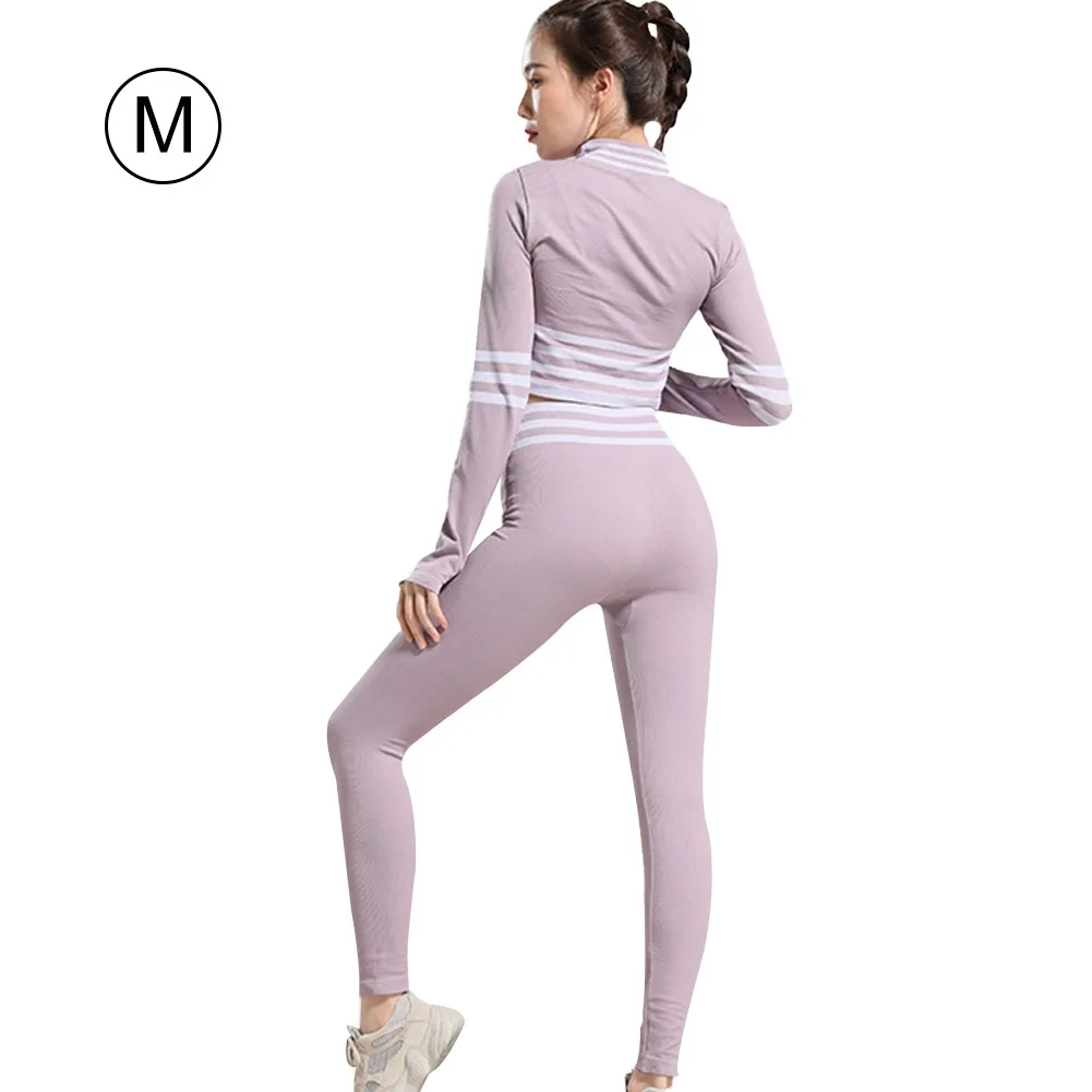 Новая мода костюм для йоги Tight с длинными рукавами Высокая талия бедра узкими полосками комплект спортивной одежды из 2х шт./компл. для женщин Фитнес Спорт