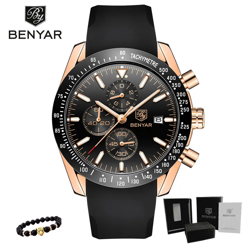 5140-Rose black BENYAR повседневные модные мужские часы силиконовые водонепроницаемые спортивные Кварцевые Хронограф военные часы мужские часы Relogio Masculino - Цвет: 5140-Rose black
