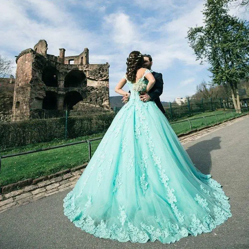 

Mint Green Sweet 16 Year Lace Applique Quinceanera Dress Tulle Off Shoulder Formal Party Gilrs Gowns