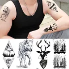 Временная тату с оленем, черные татуировки с волком, мужские и женские наклейки с геометрическим рогом в долине, поддельные водостойкие татуировки с лосинами