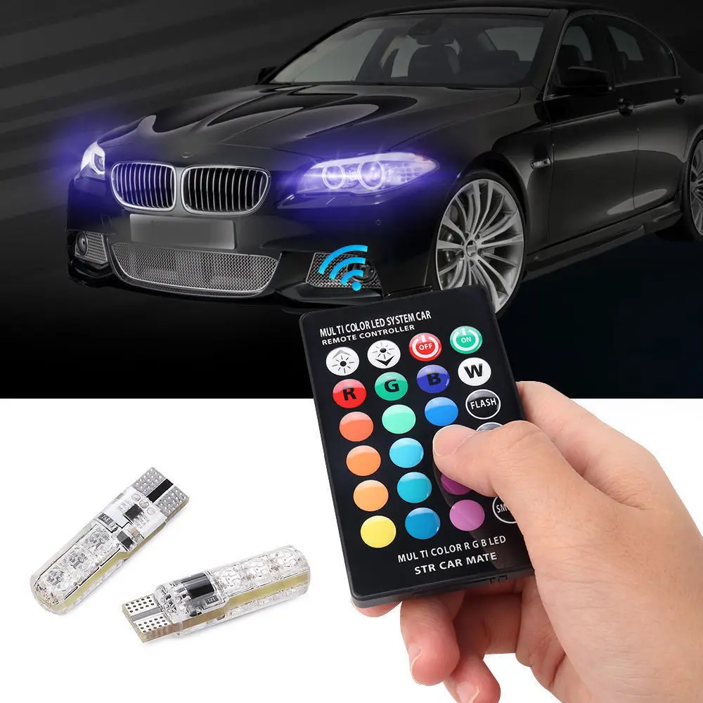 2 шт. LED T10 пульт дистанционного управления W5W 501 RGB Изменение цвета автомобиля