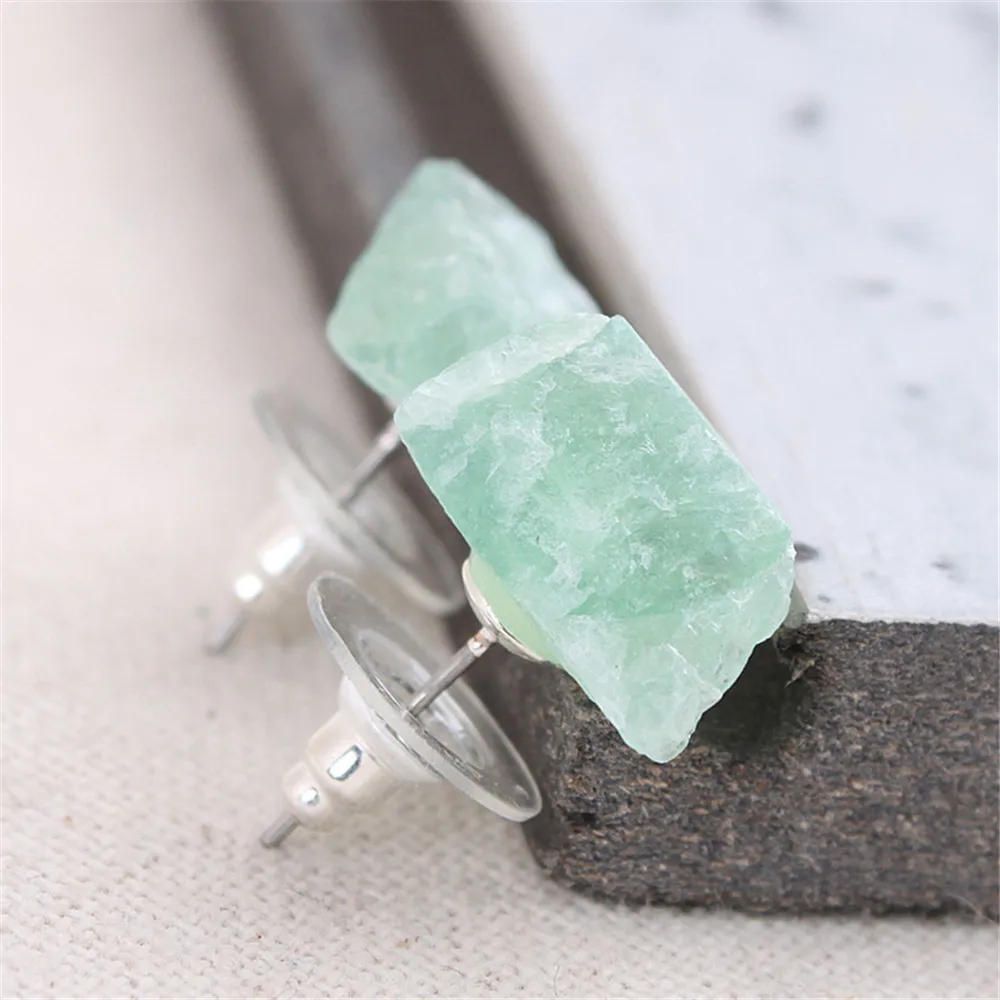 Green Fluorite Черный обсидиан турмалин серьги гвоздики нерегулярные с уха личности популярные ювелирные изделия зеленый флюоритовая, Хрустальная женский - Окраска металла: Green Fluorite