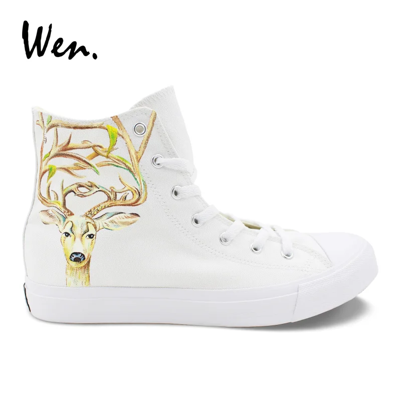 

Wen Original Design Hand Painted Canvas Shoes Milu Deer High Top Custom Gifts Female Sneakers Male Skateboarding Shoes White