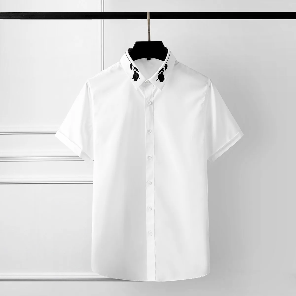 Luxury 100% Cotton Men Shirt Fashion Rose Three Dimensional Embroidery Mens Dress Trend Short Sleeve Slim Fit Casual | Мужская одежда