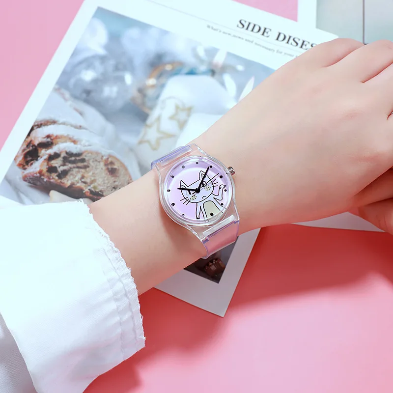 Dropshipping Luxury Brand Cartoon Bear Rabbit Kitten Animal Transparent Strap Quartz Girl Watch Student Soft Band Female | Наручные часы