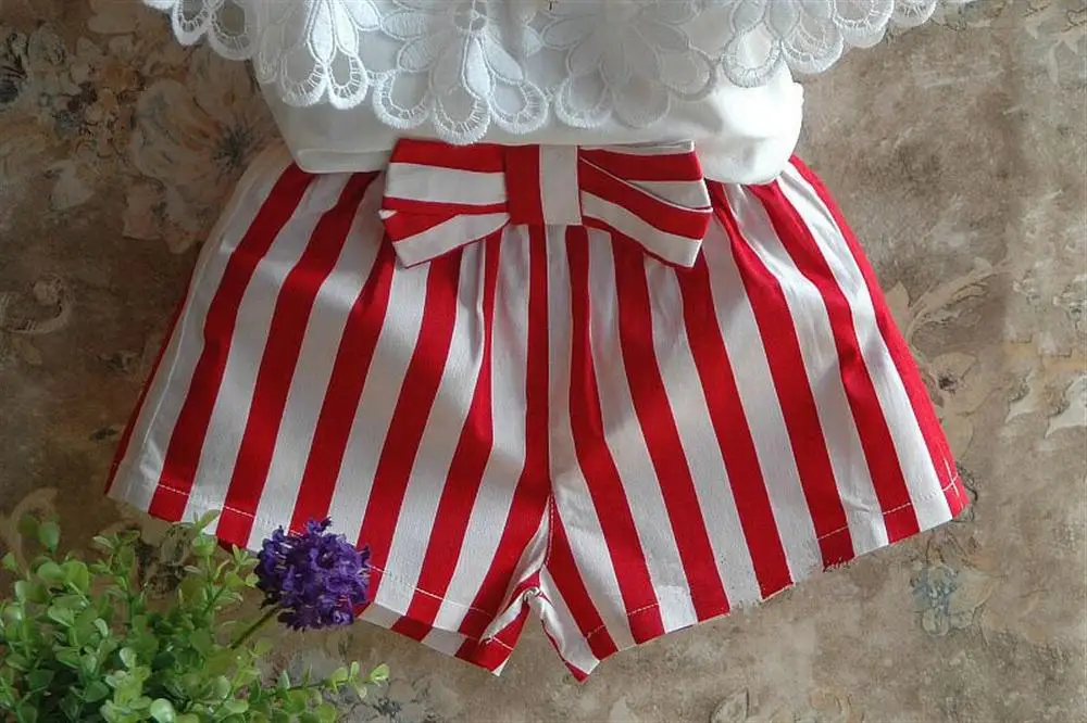 2018 Summer Girls Lace Blouse Striped Shorts Suits Clothes 2 3 4 5 6 7 Years Kids Fashion Costumes Flower Children Cloting Set|Комплекты