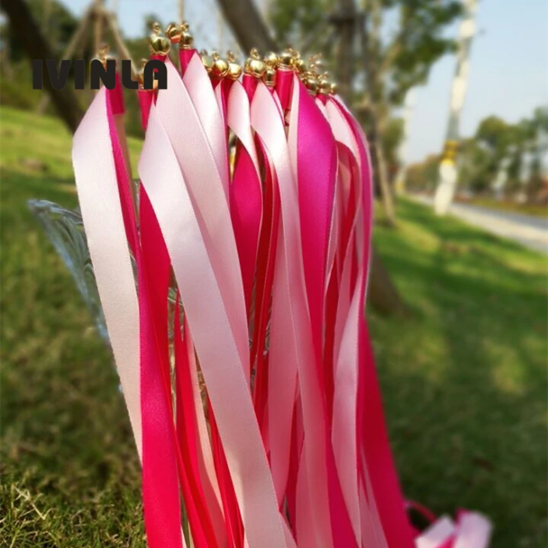 50 шт./лот fushia и розовая лента свадебные палочки с золотыми колокольчиками для