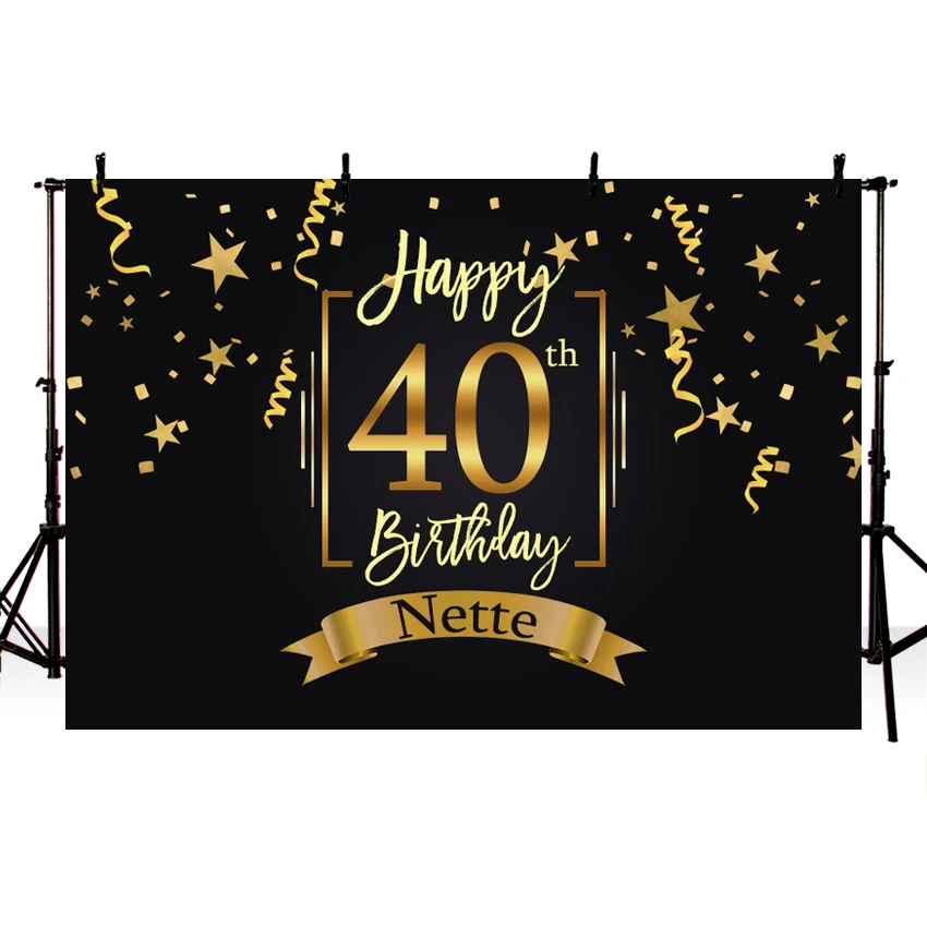

MEHOFOTO Happy 40th Birthday Party Backdrop Black Gold Little Stars Ribbons Photography Backgrounds Customized 7x5FT Vinyl