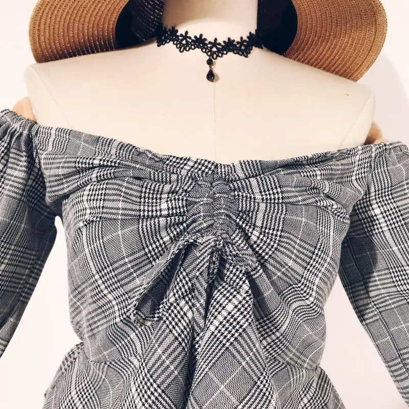 2018 новые модные женские blusas Осень ретро плед slash шеи короткий блузка рубашка