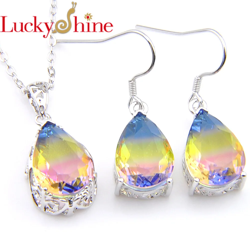 Luckyshine модные Ewelry наборы капли воды градиент турмалин кристалл Цирконий Подвески