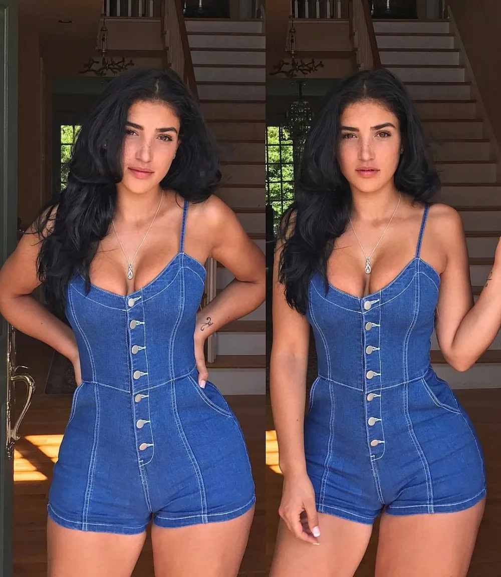 Для женщин шорты джинсовые Playsuit Bodycon Сексуальная Спагетти ремень v образным
