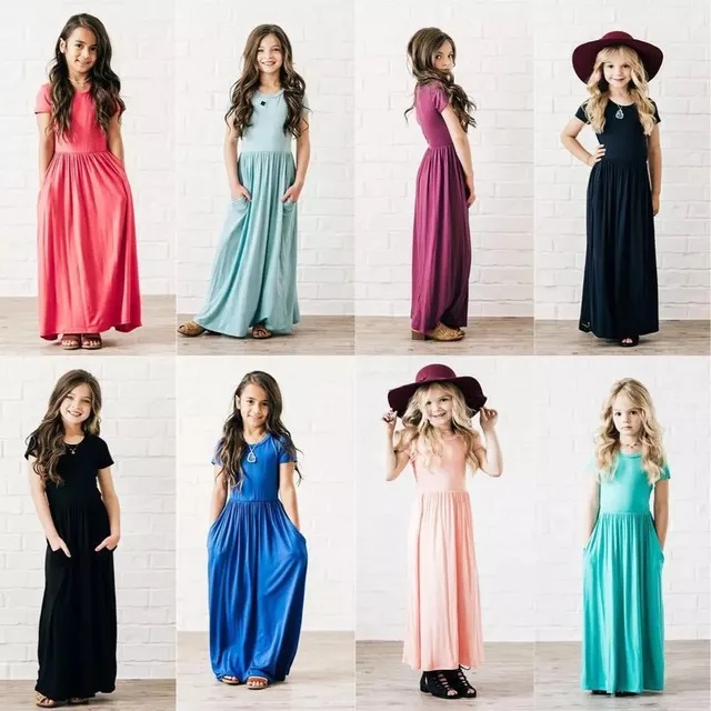 Летнее Длинное Платье для девочек весеннее однотонное праздничное платье