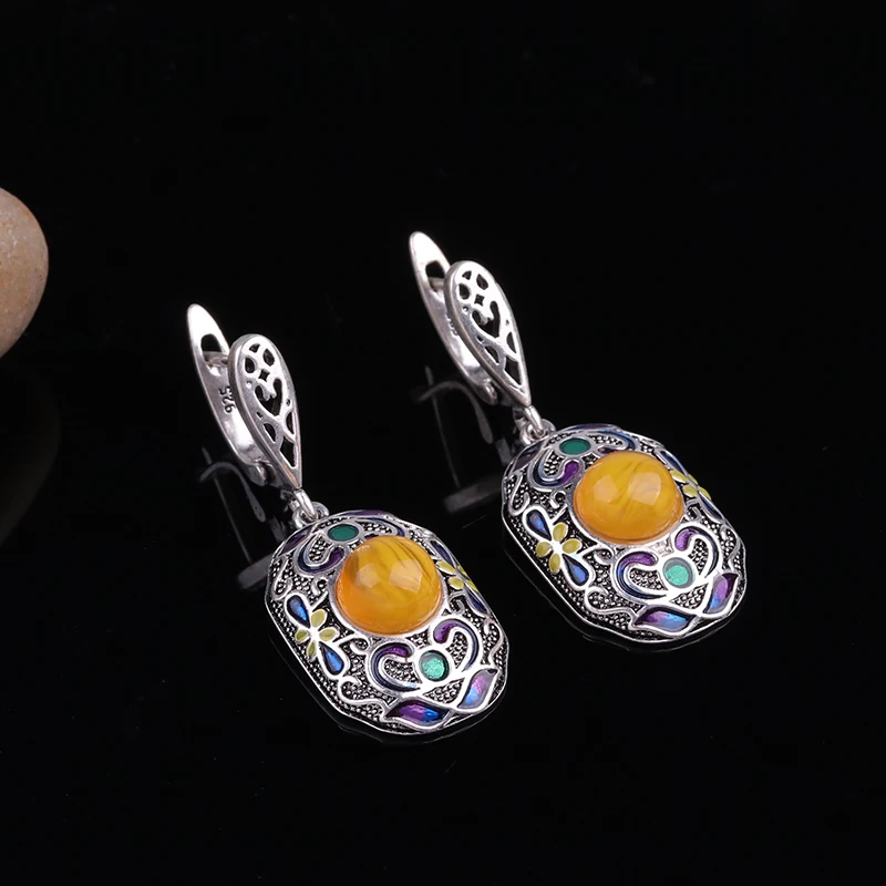

Feelgood Turkish Jewelry Vintage Silver Color Ethnic Earring Multicolor Enamel Earrings With Yellow Resin For Women Party Gift
