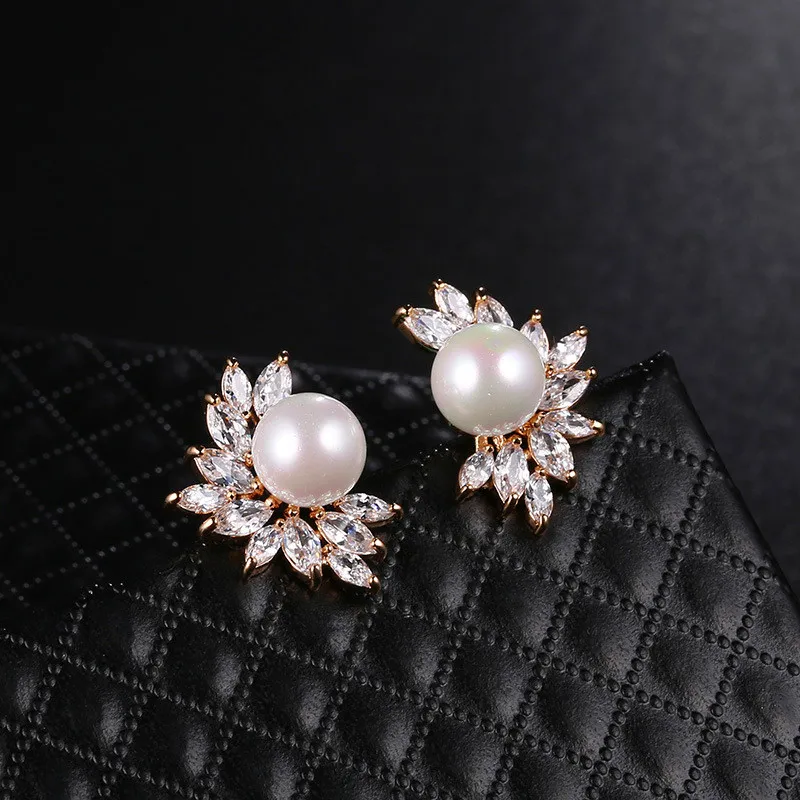 Rose Gold Color Модные женские серьги-гвоздики в виде маленького листа, милые свадебные жемчужные серьги серебряного цвета, женские серьги с двойным цирконием - Окраска металла: Rose Gold Color