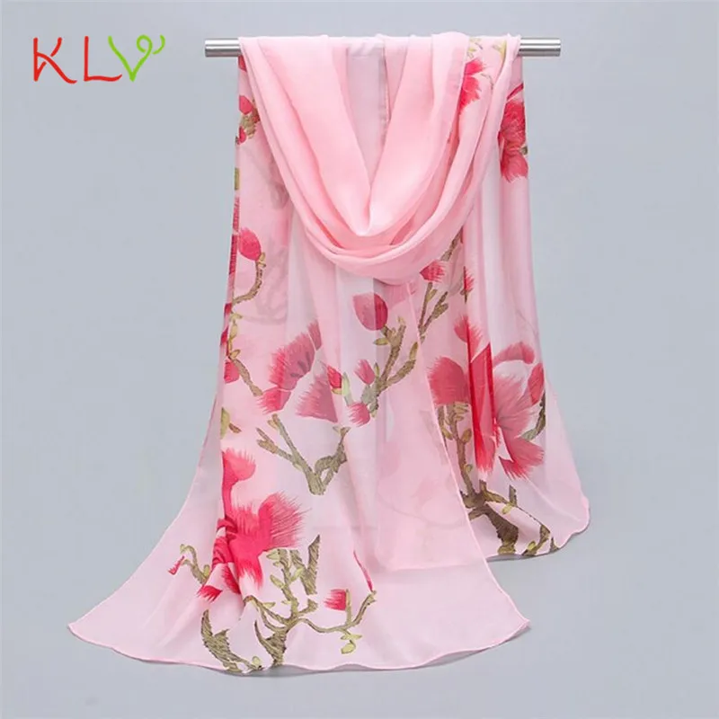 Женский шарф синий длинный мягкий с запахом шифоновый теплый принтом зима 2018