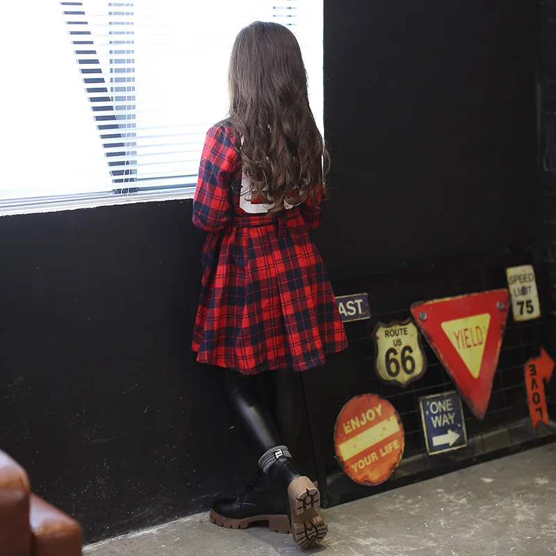 2016 Осень Красный Плед Платья Девушки Дети 10 Лет С Длинными Рукавами платье для