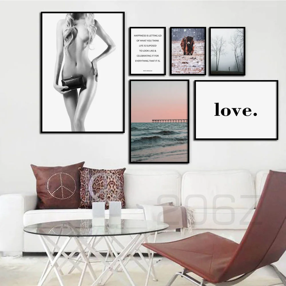 

Sexy Girl Pink Sea Tree Mountain Quotes Nordic Posters and Prints Wall Art Canvas Painting Wall Pictures For Living Room Decor