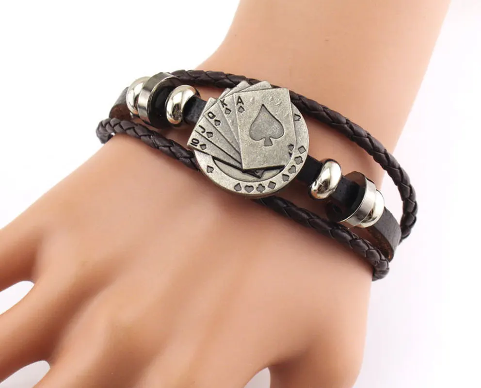 FIONTO Lucky Vintage Men's Leather Bracelet Playing Cards Raja Vegas Charm Multilayer Braided Women Pulseira Christmas Gifts | Украшения
