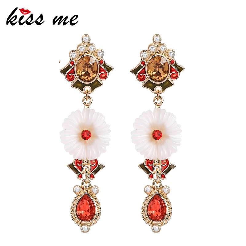 Серьги KISS ME оптовая продажа белый цветок из смолы красное стекло кристалл капли