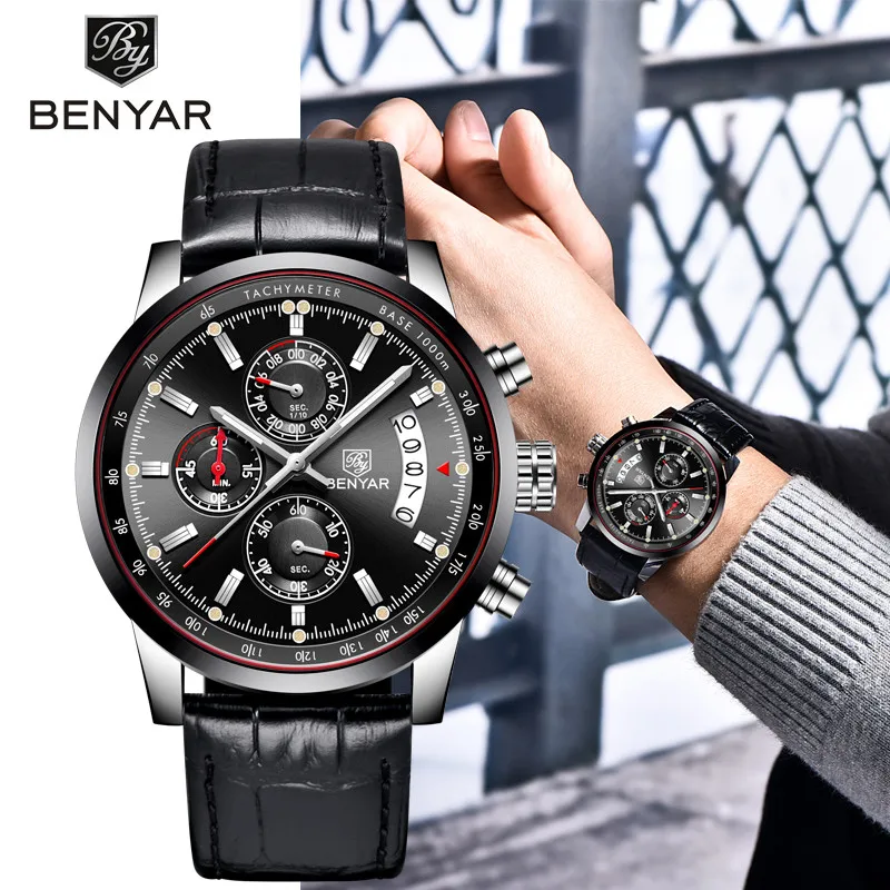 BENYAR, модные спортивные мужские часы с хронографом, лучший бренд, Роскошные Кварцевые часы, повседневные, военные, кожаные, мужские часы, Relogio Masculino