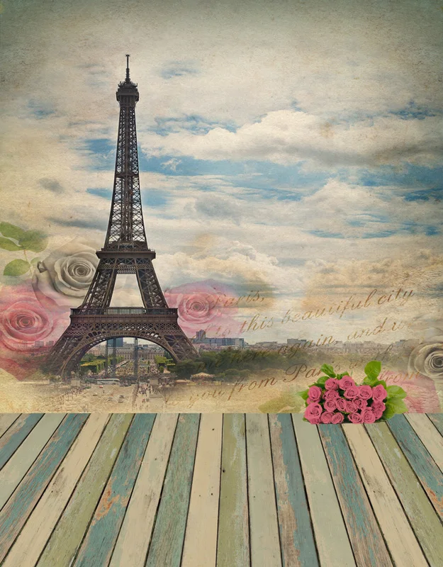 

5x7FT Clouds Sky Eiffel Tower Paris Rose Flowers Wooden Floor Custom Photo Backdrops Studio Backgrounds Vinyl 150cm x 220cm