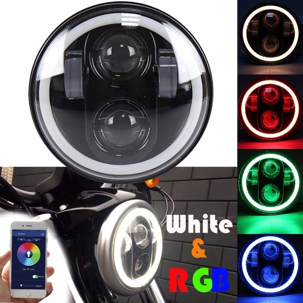 Фара головного света мотоциклетная H4 5 3/4 дюйма 75 RGB светодиодный с пультом ДУ|drl