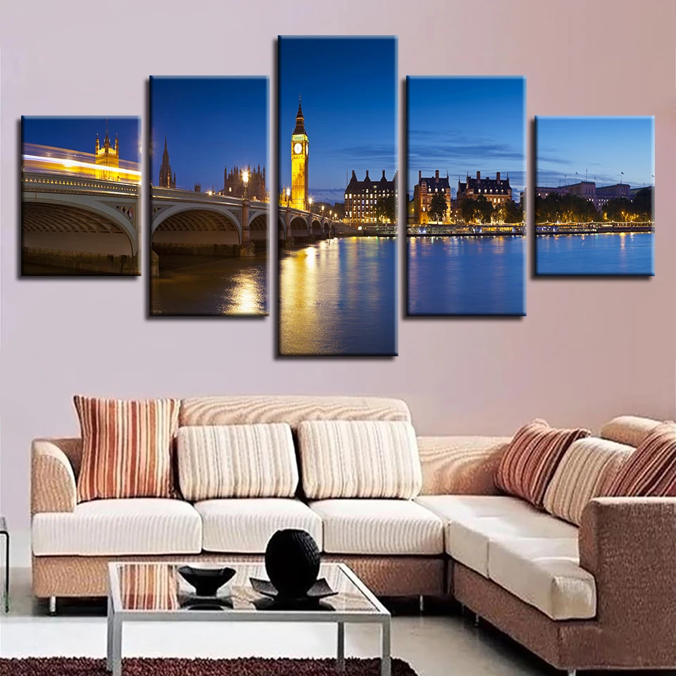 

HD Printed Poster On Modular Canvas Decor 5 Pieces Bridge And London City Buildings Night Scene Painting Wall Art Pictures Frame