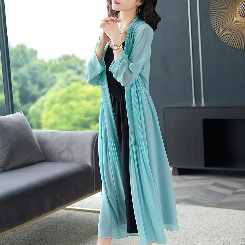 Женский длинный кардиган с поясом повседневный однотонный Свободный из шифона