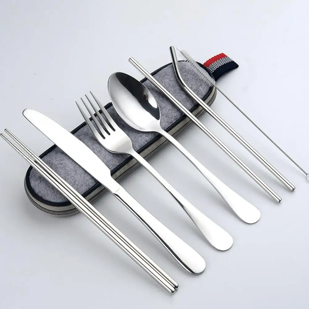 8Pcs Portable Flatware Stainless steel Spoon Chopsticks Cleaning Brush Set Silverware Travel Utensils Set with Case Straw