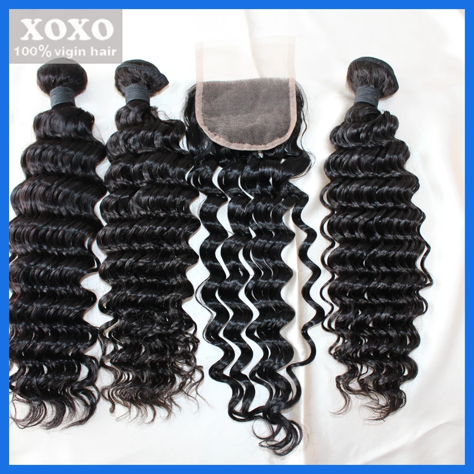 Малайзийские Девственные пучки Волосков глубокая волна с Закрытием