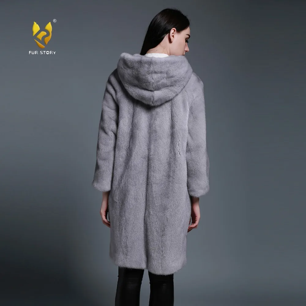 Женское пальто с капюшоном Fur Story FS161210 зимняя куртка из натурального меха норки |