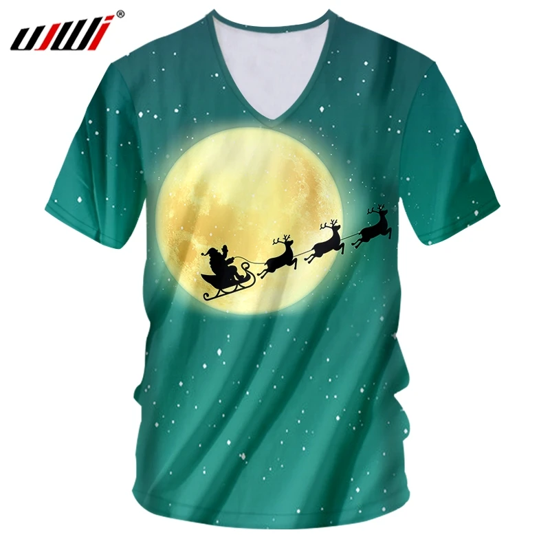 

UJWI, Мужская футболка с 3D принтом Санта-Клауса и лось, Рождество, круглая луна, блестящая футболка из спандекса с V-образным вырезом