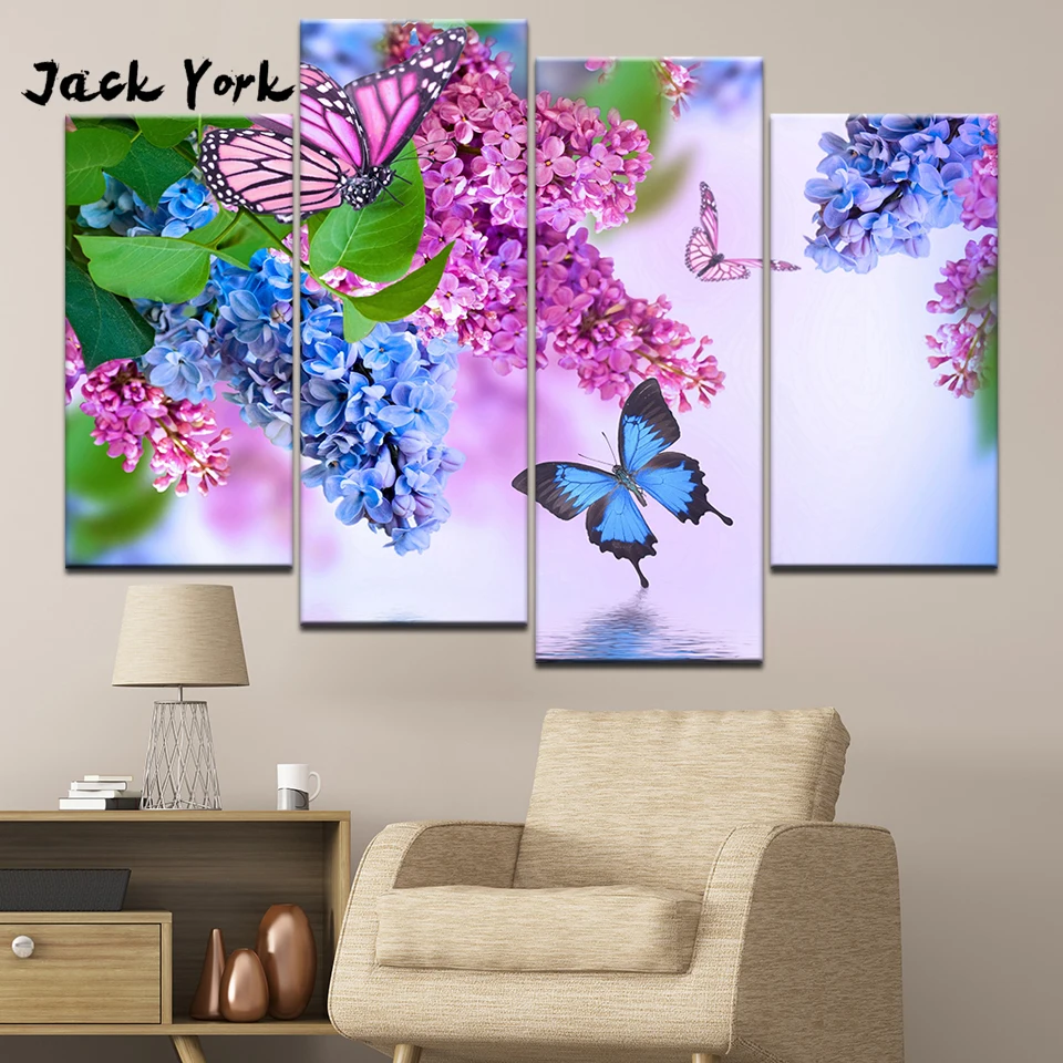 

Canvas Painting Purple flowers and butterfly 4 Pieces Wall Art Painting Modular Wallpapers Poster Print living room Home Decor
