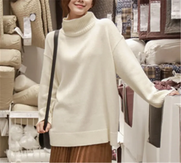 new arrival goat cashmere thick solid knit women korean style high collar long pullover sweater white 2color one&ampover size | Женская