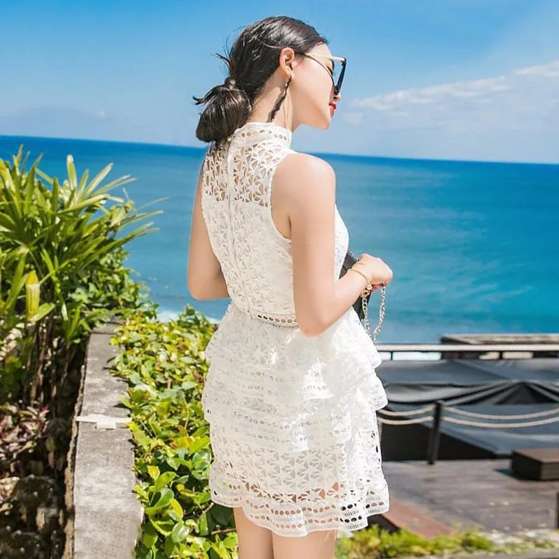 TWOTWINSTYLE летнее Открытое платье Женский стоячий гофрированный воротничок туника с