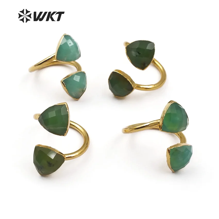 WT-R317 WKT Wholesale Natural Chrysoprase Stone In Triangle Shape Faceted Green With Gold Trim For Women Dainty Ring | Украшения и