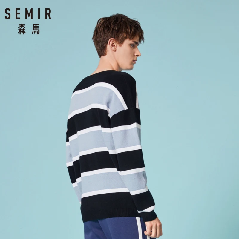 SEMIR Мужской мягкий вязаный полосатый свитер с опущенным плечом пуловер