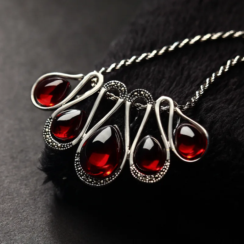 925 Sterling Silver Pendant  garnet red sweater autumn new woman