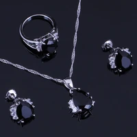 luxurious black cubic zirconia white cz silver plated jewelry sets earrings pendant chain ring v0325
