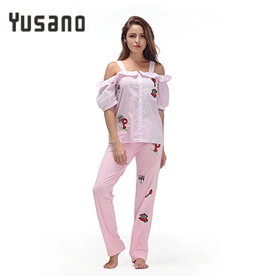 pink Yusano Pajamas Women Embroidery Camisole Short Sleeve Ruffle Sleepwear Girl Blue Pink Stripe Homewear Cotton Top+Long Pants - Цвет: pink