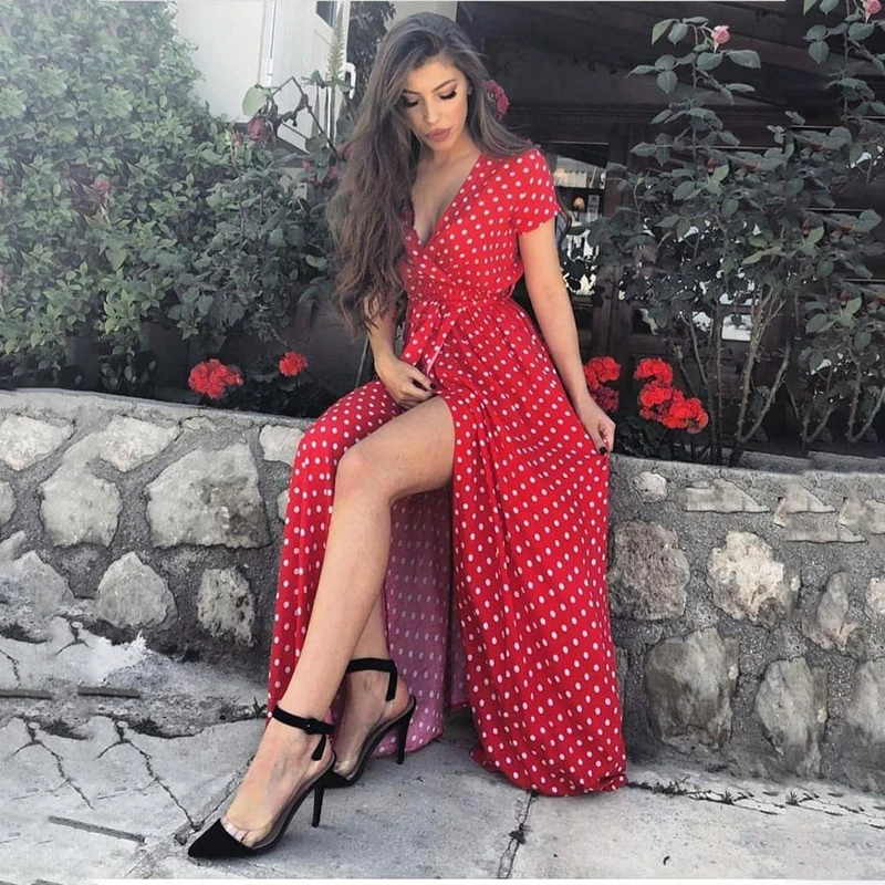 Женское длинное платье в горошек Boho повседневное пляжное с глубоким вырезом и