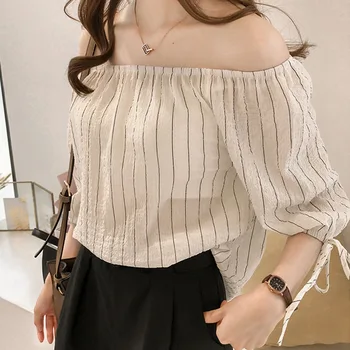 Sweet Slash Neck Ladies Blouses Striped Print Women Blouses Half Sleeve V-Neck Women Shirt 1