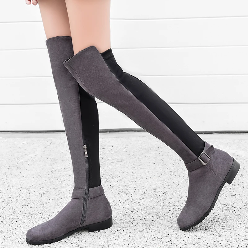 

2018 Модные женские ботфорты из замши/PU искусственной кожи, сапоги с круглым носком, женские мотоциклетные ботинки на молнии из синтетическог...