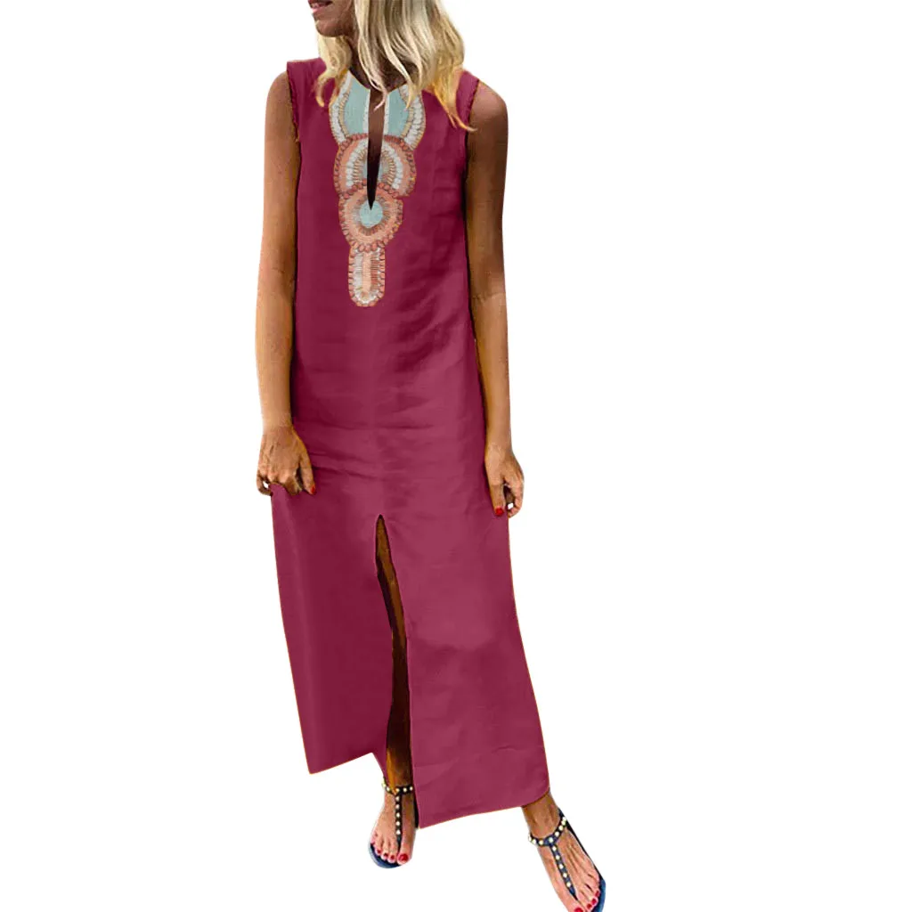 Женское платье без рукавов с v-образным вырезом Макси-Платье разрезом на подоле