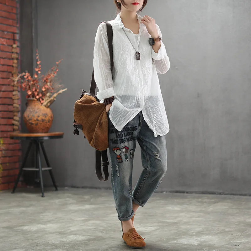Spring Blouse Retro Loose Casual Women Shirt Tops Turn-down Collar Cardigan Button Solid color 2019 New Ladies |