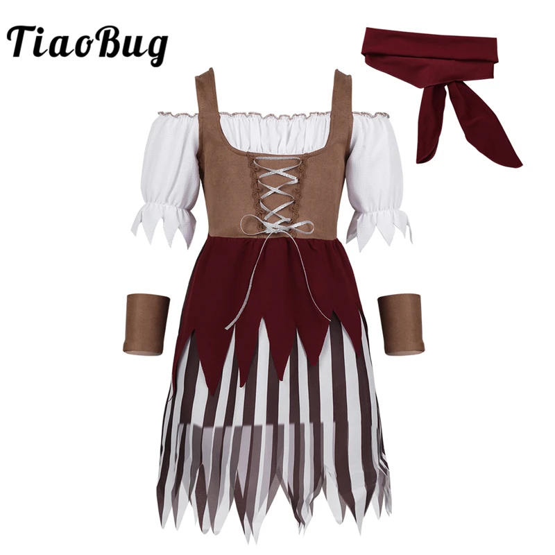 TiaoBug Girls Pirate Costume Short Sleeve Off Shoulder Dress with Head Scarf Wristband Kids Carnival Halloween Cosplay Party Set |