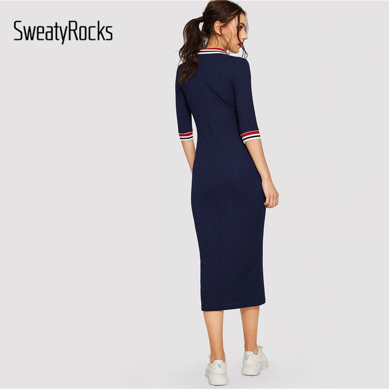 SweatyRocks, трикотажное платье в полоску с воротником, уличная одежда, рукав до локтя, женская элегантная одежда, весна, облегающее длинное платье темно-синего цвета