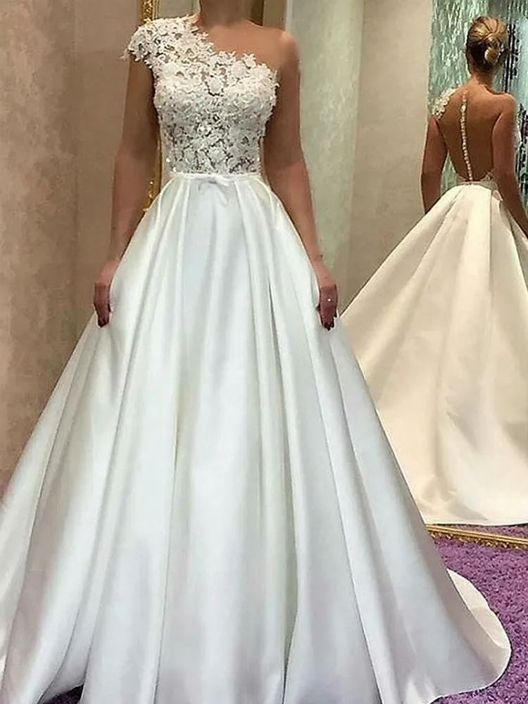

Elegant Muslim One Shoulder Ivory Satin Lace Long Wedding Dresses Illusion Back Bridal Gown Vestido De Noiva